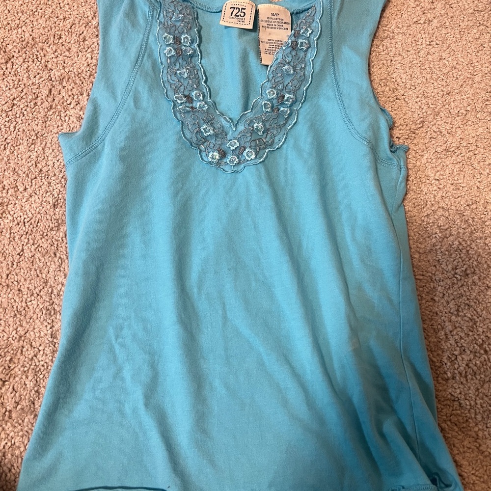 Blue Embellished Sleeveless Tank Top